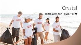  Presentation with garbage - Colorful slide set enhanced with group of young cheerful friends volunteers cleaning beach from rubbish walking along the beach with garbage bags backdrop and a white colored foreground