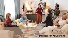  Presentation with round table - Audience pleasing PPT layouts consisting of group-of-young-cheerful-intercultural backdrop and a coral colored foreground