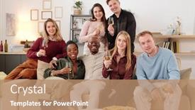  Presentation with toasting - Amazing PPT layouts having group-of-young-cheerful-intercultural backdrop and a coral colored foreground