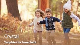  Presentation with children running - PPT theme having group of young children running background and a coral colored foreground