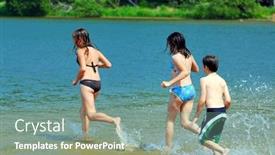  Presentation with children running - Beautiful presentation theme featuring group of young children running into water at the beach backdrop and a seafoam green colored foreground