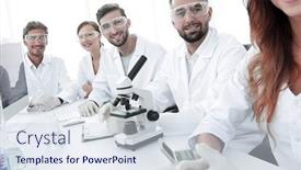  Presentation with research - PPT theme featuring group of young clinicians experimentation in research laboratory background and a sky blue colored foreground