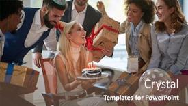  Presentation with birthday party - Presentation having group-of-young-colleagues-celebrating background and a tawny brown colored foreground