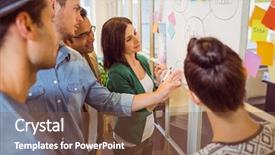  Presentation with group discussion - Presentation theme consisting of group of young colleagues in discussion at office background and a tawny brown colored foreground