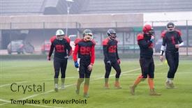  Presentation with football players field - Presentation theme featuring group of young confident american football players walking through the stadium field after a hard training match background and a yellow colored foreground
