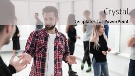  Presentation with new ideas - Slide set with group-of-young-designers-discussing background and a light gray colored foreground