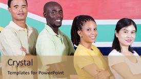  Presentation with young people diversity - Cool new presentation theme with group of young diversity people backdrop and a coral colored foreground