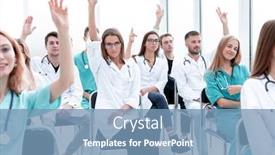  Presentation with multiracial team of young doctors stacking hands - Theme enhanced with group-of-young-doctors-ask background and a teal colored foreground