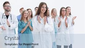  Presentation with give - Slide set featuring group-of-young-doctors-give background and a light blue colored foreground