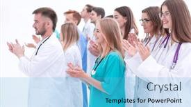  Presentation with give - Presentation theme having group-of-young-doctors-give background and a teal colored foreground