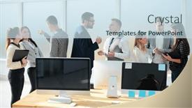  Presentation with employees - Theme enhanced with group-of-young-employees-discussing background and a sky blue colored foreground