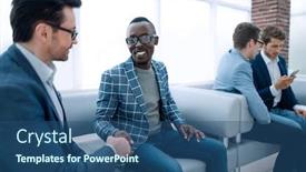  Presentation with interview - Colorful slide deck enhanced with group of young employees are waiting for an interview in the office lobby backdrop and a ocean colored foreground