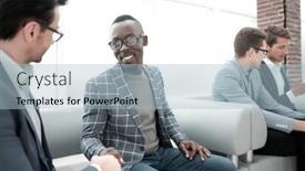  Presentation with interview - PPT layouts enhanced with group of young employees are waiting for an interview in the office lobby background and a light blue colored foreground