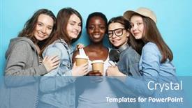  Presentation with friends - Slide set consisting of group-of-young-five-female background and a teal colored foreground