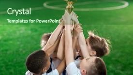  Presentation with award - PPT theme enhanced with group of young football champions background and a forest green colored foreground