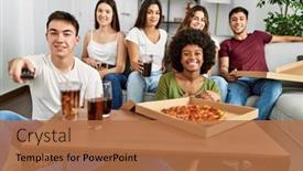  Presentation with italian - Presentation theme having group-of-young-friends-eating background and a coral colored foreground