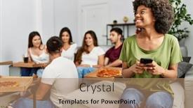  Presentation with italian - PPT theme featuring group-of-young-friends-eating background and a coral colored foreground