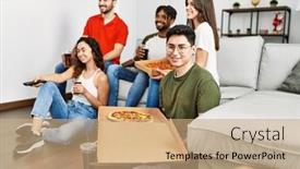  Presentation with italian - Presentation theme featuring group-of-young-friends-eating background and a coral colored foreground