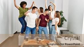  Presentation with party - Presentation enhanced with group-of-young-friends-having background and a coral colored foreground