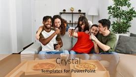  Presentation with party - Presentation theme with group-of-young-friends-having background and a coral colored foreground