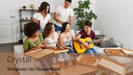  Presentation with classical guitar - Slides consisting of group-of-young-friends-having background and a coral colored foreground