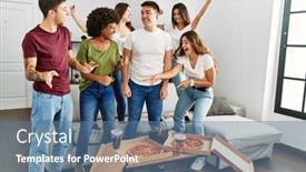  Presentation with party - PPT theme consisting of group-of-young-friends-having background and a ocean colored foreground