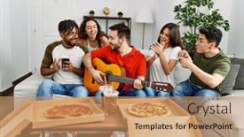 Presentation with classical guitar - PPT theme enhanced with group-of-young-friends-having background and a coral colored foreground