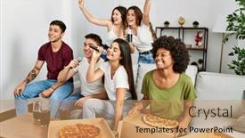  Presentation with mobil home park - Presentation design enhanced with group-of-young-friends-having background and a coral colored foreground