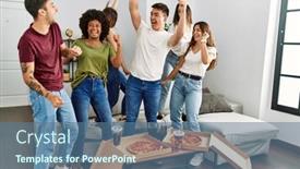  Presentation with party - Slide deck consisting of group-of-young-friends-having background and a ocean colored foreground