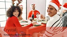  Presentation with christmas dinner - Slide set consisting of group-of-young-friends-having background and a red colored foreground