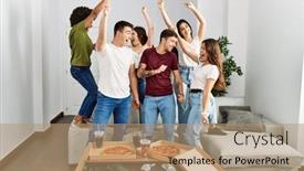  Presentation with party - Presentation theme having group-of-young-friends-having background and a coral colored foreground