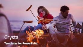  Presentation with grilling - Colorful slide deck enhanced with group of young friends sitting by the fire at autumn beach grilling sausages and drinking beer talking and having fun filter backdrop and a tawny brown colored foreground