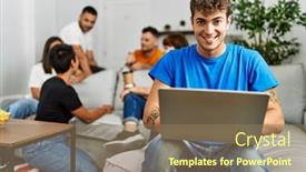  Presentation with friends - Presentation theme consisting of group-of-young-friends-smiling background and a coral colored foreground