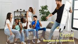  Presentation with friends - Theme consisting of group-of-young-friends-smiling background and a violet colored foreground