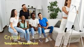  Presentation with friends - Slide set having group-of-young-friends-smiling background and a violet colored foreground