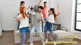  Presentation with friends - Slide set consisting of group-of-young-friends-smiling background and a coral colored foreground