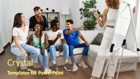  Presentation with friends - Slide set featuring group-of-young-friends-smiling background and a violet colored foreground