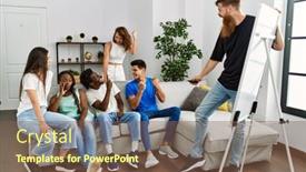  Presentation with friends - Presentation theme having group-of-young-friends-smiling background and a tawny brown colored foreground