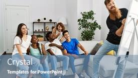  Presentation with friends - PPT theme featuring group-of-young-friends-smiling background and a teal colored foreground