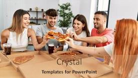  Presentation with friends - Slide deck featuring group-of-young-friends-smiling background and a coral colored foreground