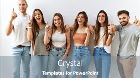  Presentation with five business people standing together and smiling - PPT theme enhanced with group-of-young-friends-standing background and a seafoam green colored foreground