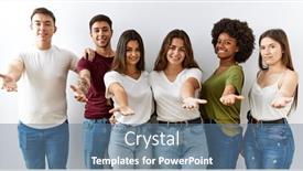  Presentation with hand palm - Slide deck featuring group-of-young-friends-standing background and a ocean colored foreground