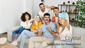  Presentation with costume - Slide deck enhanced with group-of-young-friends-using background and a mint green colored foreground