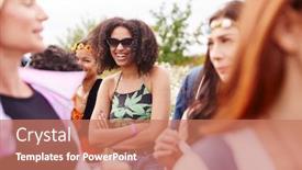  Presentation with queue - Beautiful PPT theme featuring group of young friends waiting behind in queue at entrance to music festival site backdrop and a coral colored foreground