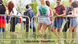  Presentation with festival music - Amazing presentation design having group of young friends waiting behind barrier at entrance to music festival site backdrop and a yellow colored foreground