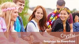  Presentation with festival music - Audience pleasing presentation design consisting of group of young friends waiting behind barrier at entrance to music festival site backdrop and a coral colored foreground