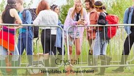  Presentation with festival music - Presentation consisting of group of young friends waiting behind barrier at entrance to music festival site background and a yellow colored foreground