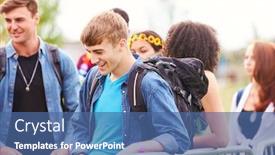  Presentation with music festival - Beautiful PPT theme featuring group of young friends waiting behind barrier at entrance to music festival site backdrop and a ocean colored foreground