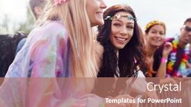  Presentation with festival music - Presentation design featuring group of young friends waiting behind barrier at entrance to music festival site background and a coral colored foreground