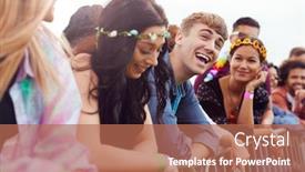  Presentation with festival music - Cool new PPT theme with group of young friends waiting behind barrier at entrance to music festival site backdrop and a coral colored foreground